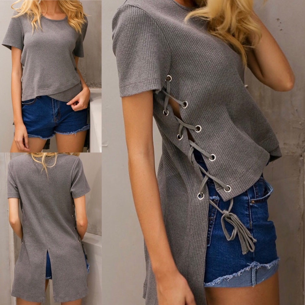 SOLD OUT!! Lace Up Woman Sweater Top Grey